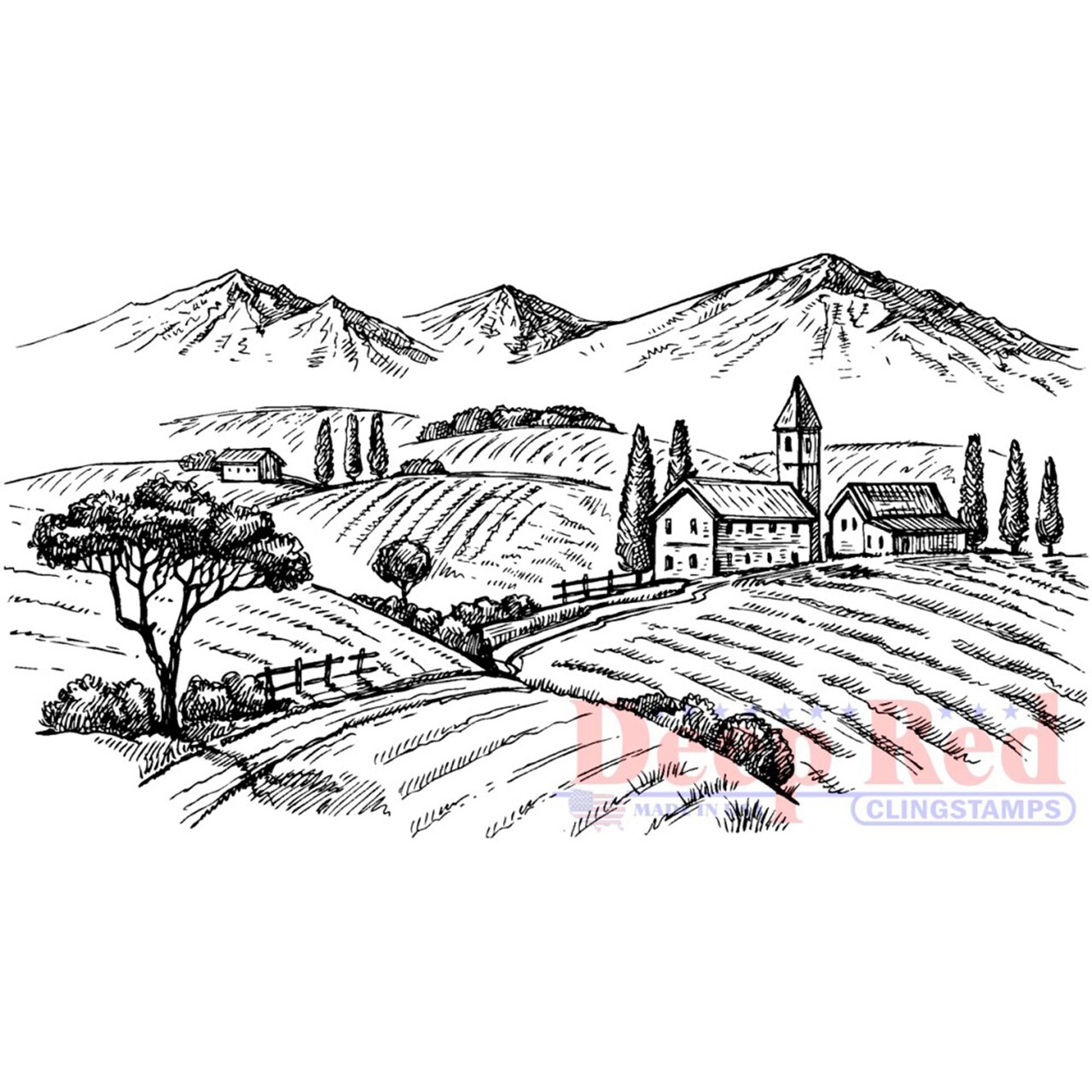 Deep Red Stamps Rolling Hills Vineyard Rubber Cling Stamp 4.1 x 2 inches
